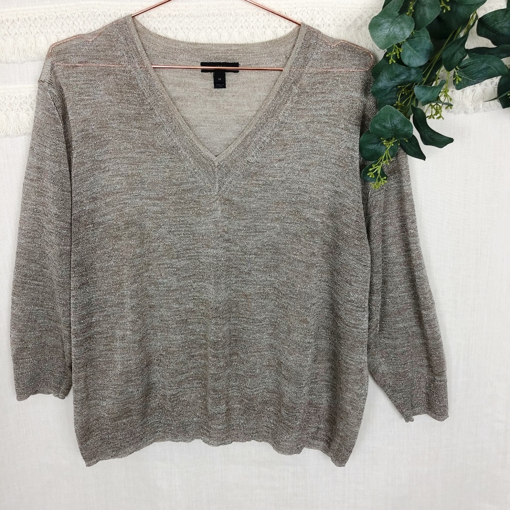 J Crew | Gold Metallic V Neck 3/4 Sleeve Sweater M